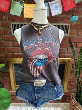 Rolling Stones USA Tongue Logo Sleeveless Graphic Tank Top Gray Size S